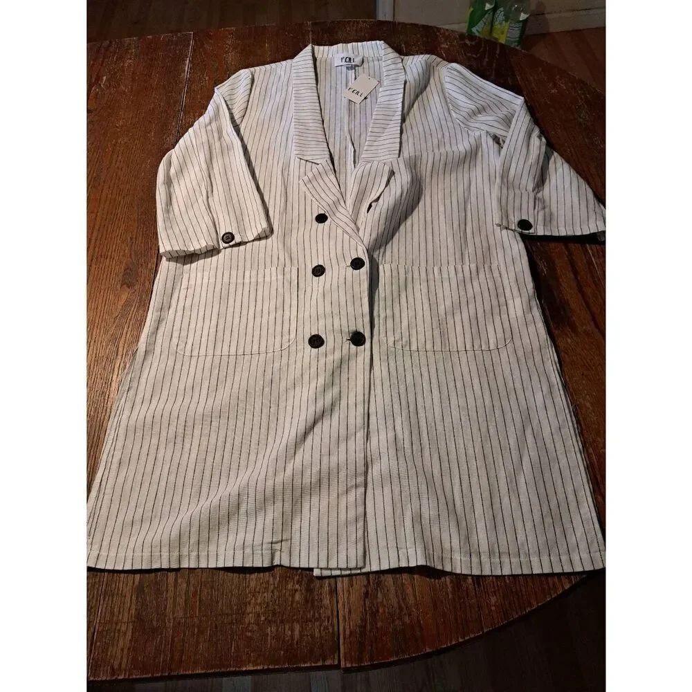 New Medium P Cill Off White Black Cotton Deep VNeck Dress Dress Jacket Striped